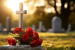 rot Rosen auf ein Grab beim ein Friedhof während das Sonnenuntergang mit Kopieren Raum ai generiert foto