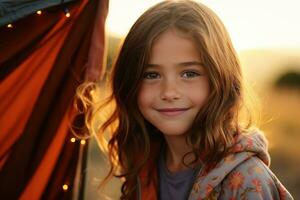 Porträt von süß wenig Mädchen beim Kamera während Stehen in der Nähe von Camping Zelt beim Sonnenuntergang ai generiert foto