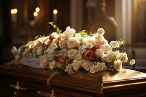 schön Blumen im ein Sarg beim ein Beerdigung ai generiert foto