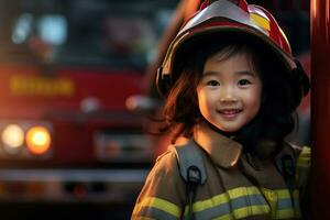 Porträt von ein süß wenig asiatisch Mädchen tragen ein Feuerwehrmann Uniform ai generiert foto