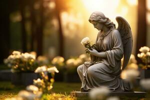Engel Statue mit Weiß Rosen im das Friedhof.religiös Hintergrund ai generiert foto