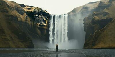 Frau mit Blick auf Wasserfall. generativ ai foto