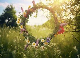 rustikal Wildblumen Kranz auf ein sonnig Wiese. Sommer- Sonnenwende Tag, Hochsommer- Konzept. generativ ai foto