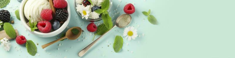 Schaufeln von Vanille, Minze Blätter im ein Glas Schüssel, Sträusel, Beeren, und Blumen. generativ ai foto