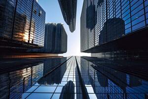reflektierend Wolkenkratzer, Geschäft Büro Gebäude. ai generiert foto