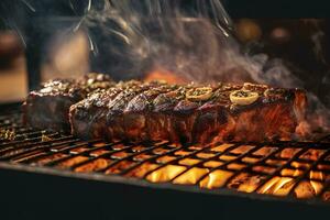 Fleisch Grillen auf ein Holzkohle Grill mit Rauch steigend. ai generiert foto