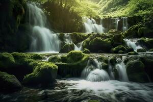 Wasserfall Landschaft mit Felsen bedeckt im Grün Moos. ai generiert foto