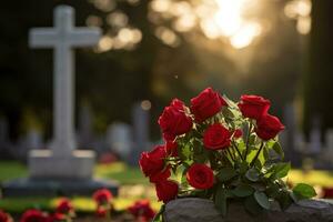 rot Rosen auf ein Grab beim ein Friedhof während das Sonnenuntergang mit Kopieren Raum ai generiert foto