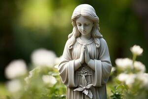 Engel Statue mit Weiß Rosen im das Friedhof.religiös Hintergrund ai generiert foto