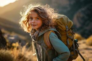 wenig Mädchen mit Rucksack Wandern auf Berg Gipfel beim Sonnenuntergang, Reise und Abenteuer Konzept ai generiert foto