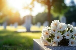 Weiß Blumen im Vorderseite von ein Grabstein beim ein Friedhof mit Sonnenuntergang.Beerdigung Konzept ai generiert foto