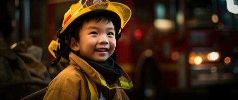 Porträt von glücklich asiatisch Junge tragen Feuerwehrmann Uniform mit Feuer LKW im Hintergrund ai generiert foto