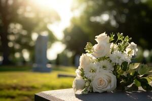 Weiß Blumen im Vorderseite von ein Grabstein beim ein Friedhof mit Sonnenuntergang.Beerdigung Konzept ai generiert foto