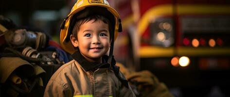 Porträt von glücklich asiatisch Junge tragen Feuerwehrmann Uniform mit Feuer LKW im Hintergrund ai generiert foto