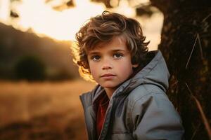 Porträt von ein süß Junge suchen beim Kamera während in der Nähe von seine Zelt im Natur ai generiert foto