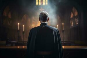 Rückseite Aussicht von Priester suchen beim Kirche Innere. Religion Konzept. ai generiert foto