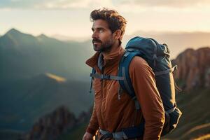 gut aussehend jung Mann mit Rucksack Wandern im das Berge beim Sonnenuntergang ai generiert foto