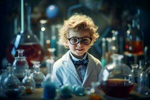 intelligent süß Junge im voll chemisch Labor. generieren ai foto