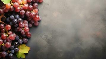 Raum zum Text auf texturiert Hintergrund umgeben durch Traube Früchte, Hintergrund Bild, ai generiert foto