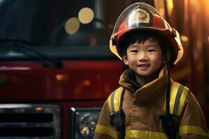 Porträt von süß wenig Junge tragen Feuerwehrmann Uniform im das Feuer Abteilung ai generiert foto