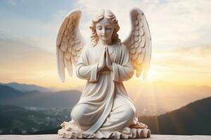 Engel Statue mit Sonnenaufgang im das Hintergrund, Religion und Spiritualität Konzept. ai generiert foto