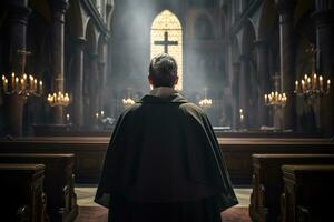 Rückseite Aussicht von Priester suchen beim Kirche Innere. Religion Konzept. ai generiert foto
