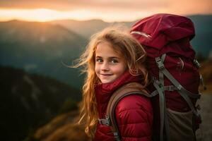 wenig Mädchen mit Rucksack Wandern auf Berg Gipfel beim Sonnenuntergang, Reise und Abenteuer Konzept ai generiert foto