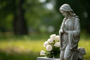 Engel Statue mit Weiß Rosen im das Friedhof.religiös Hintergrund ai generiert foto