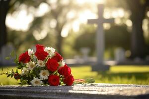 rot Rosen auf ein Grab beim ein Friedhof während das Sonnenuntergang mit Kopieren Raum ai generiert foto