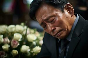 Alten asiatisch Mann mit Beerdigung Trauer und Blumen im Kirche ai generiert foto