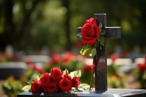 rot Rosen auf ein Grab beim ein Friedhof während das Sonnenuntergang mit Kopieren Raum ai generiert foto