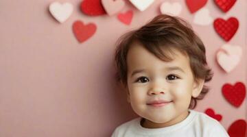 süß wenig Kleinkind Junge gegen Valentinstag Tag Ambiente Hintergrund mit Raum zum Text, Kinder Hintergrund Bild, ai generiert foto