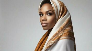 schön Afroamerikaner Frau tragen Schal gegen Weiß Hintergrund mit Raum zum Text, Hintergrund Bild, ai generiert foto