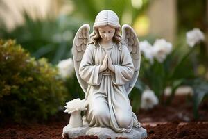 Engel Statue mit Weiß Rosen im das Friedhof.religiös Hintergrund ai generiert foto