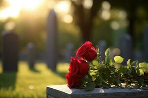 rot Rosen auf ein Grab beim ein Friedhof während das Sonnenuntergang mit Kopieren Raum ai generiert foto