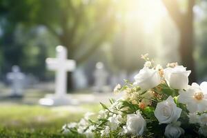 Weiß Blumen im Vorderseite von ein Grabstein beim ein Friedhof mit Sonnenuntergang.Beerdigung Konzept ai generiert foto