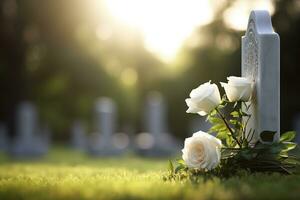 Weiß Blumen im Vorderseite von ein Grabstein beim ein Friedhof mit Sonnenuntergang.Beerdigung Konzept ai generiert foto