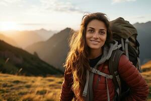 schön Frau Wanderer mit Rucksack Wandern im das Berge beim Sonnenuntergang ai generiert foto