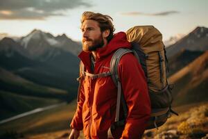 gut aussehend jung Mann mit Rucksack Wandern im das Berge beim Sonnenuntergang ai generiert foto