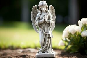 Engel Statue mit Weiß Rosen im das Friedhof.religiös Hintergrund ai generiert foto