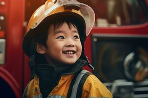 Porträt von süß wenig Junge tragen Feuerwehrmann Uniform im das Feuer Abteilung ai generiert foto