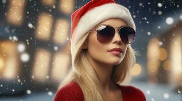 schön blond Haar weiblich tragen Sonnenbrille und Santa Hut gegen Weihnachten Ambiente Hintergrund mit Raum zum Text, Hintergrund Bild, ai generiert foto