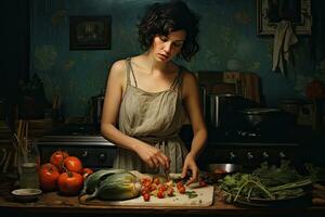 jung Frau Schneiden Gemüse im das Küche beim heim. gesund Essen Konzept, Frau ist vorbereiten richtig Mahlzeit, ai generiert foto