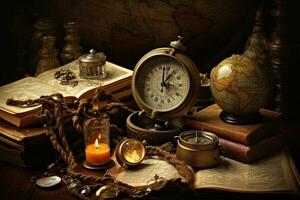 Jahrgang immer noch Leben mit Kompass, Globus, Bücher und Verbrennung Kerze, Jahrgang immer noch Leben mit Kompass, alt Karte, und andere Objekte, ai generiert foto