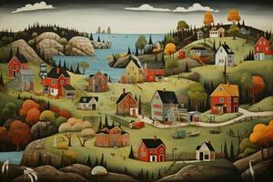 Karikatur Szene mit Dorf und See im das Wald Illustration zum Kinder, Aussicht von das Stadt, Dorf Land , ai generiert foto