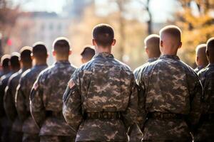Rückseite Aussicht von ein Gruppe von Soldaten auf ein Militär- Parade, uns Soldaten Stehen im ein Formation auf ein Zeremonie, Rückseite Sicht, oben Sektion abgeschnitten, ai generiert foto
