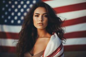 schön jung Frau mit lange lockig Haar und amerikanisch Flagge auf das Hintergrund, jung schön Frau halten USA Flagge, ai generiert foto