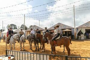 huelva, Andalusien, Spanien. 15.10.2023, das Pferd Messe im huelva, ebenfalls bekannt wie das Herbst gerecht, ist ein beschwingt andalusisch Feier Das Mischungen Pferdesport Tradition mit festlich Energie im ein bunt. foto