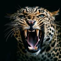 schließen oben Porträt von ein Leopard mit ein brüllend Ausdruck. generativ ai foto
