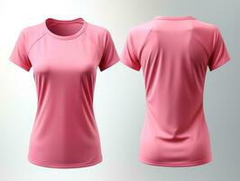 einfach Rosa Damen T-Shirt Attrappe, Lehrmodell, Simulation Design, Vorderseite und zurück Sicht, isoliert auf Weiß Hintergrund, generativ ai foto